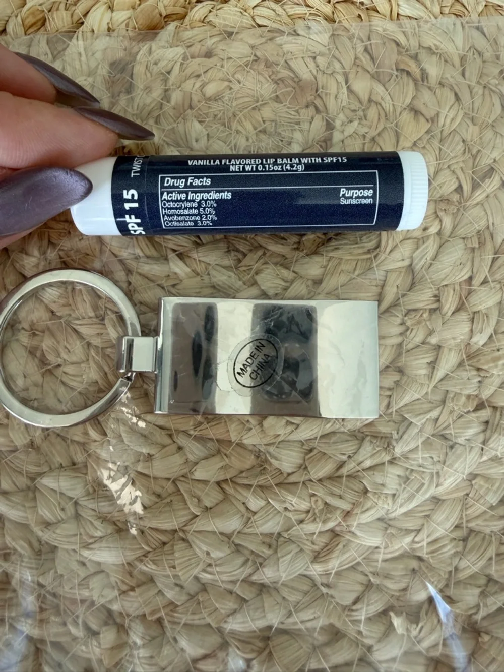 NEW Silver pleated Keychain & SPF 15 vanilla flavor Lip Balm Set